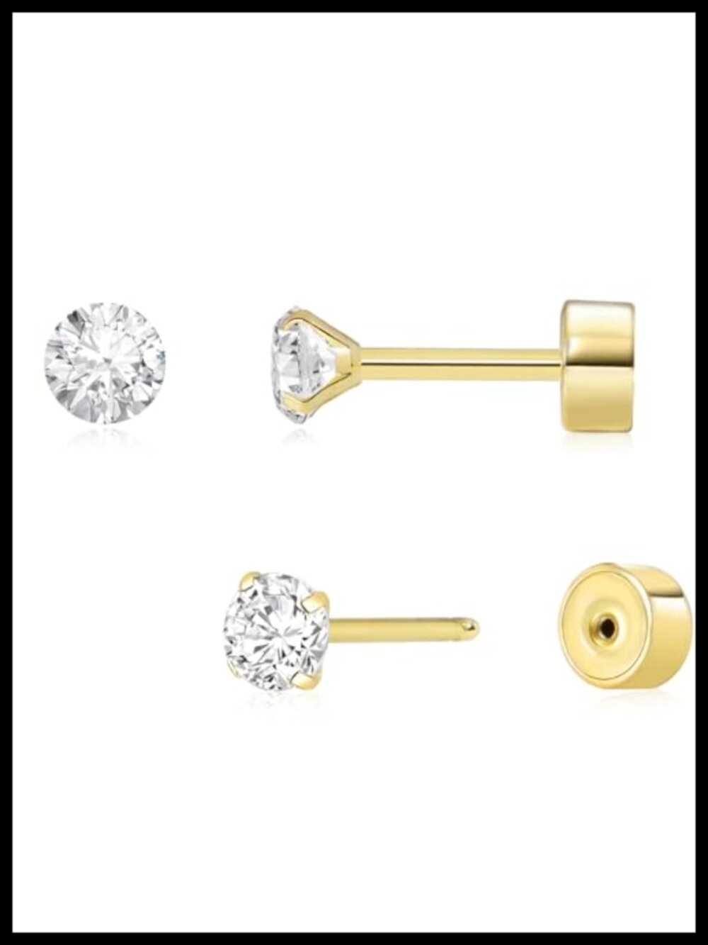 Threadless Flat Back Earrings Hypoallergenic 14K Real Gold Plated CZ Stud
